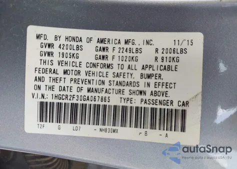 2016 Honda Accord Lx z USA, uszkodzony, nr VIN 1HGCR2F30GA067865